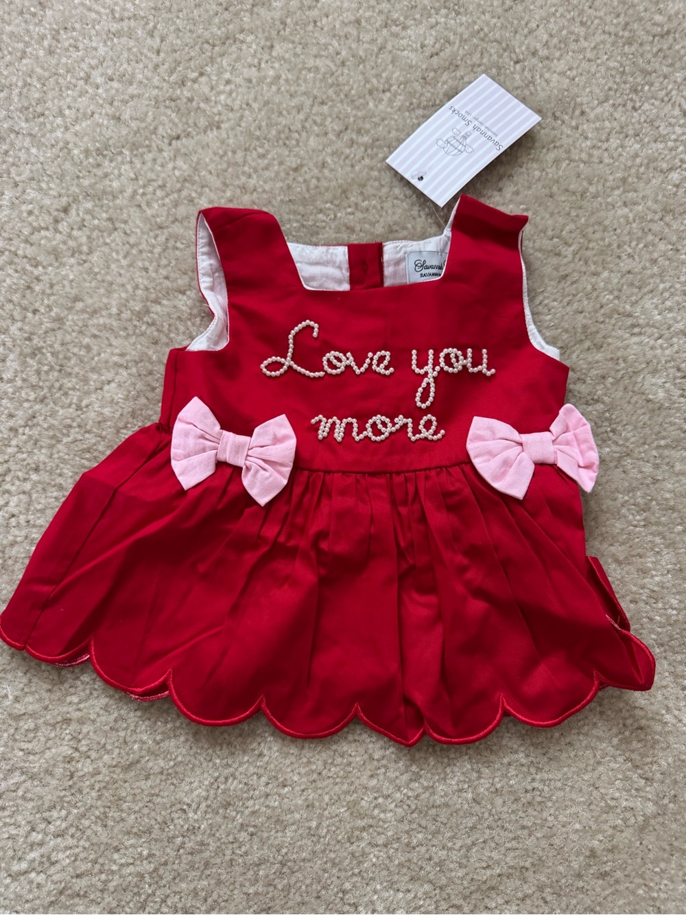 Savannah Red Dress with Pink Bow & Pearl Script